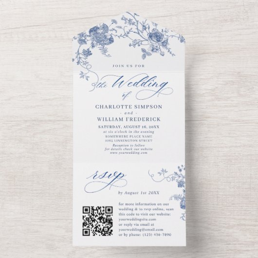 Elegante Viktorianisch Blue French Floral Wedding All In One Einladung (Innen Boden)