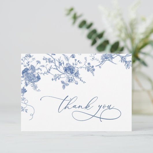 Elegante Viktorianisch Blue French Floral Wedding Dankeskarte (Stehend Vorderseite)