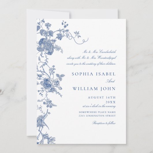 Elegante Viktorianisch Blue French Floral Wedding Einladung (Vorderseite)