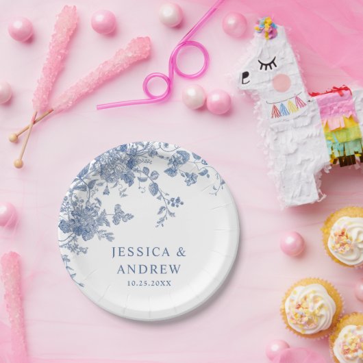 Elegante Viktorianisch Blue French Floral Wedding Pappteller (Party)