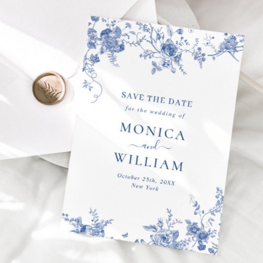 Elegante Viktorianisch Blue French Floral Wedding Save The Date