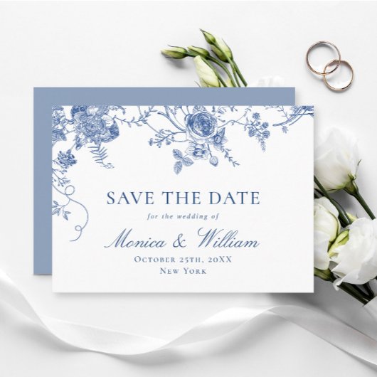 Elegante Viktorianisch Blue French Floral Wedding Save The Date