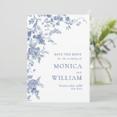 Elegante Viktorianisch Blue French Floral Wedding Save The Date (Stehend Vorderseite)