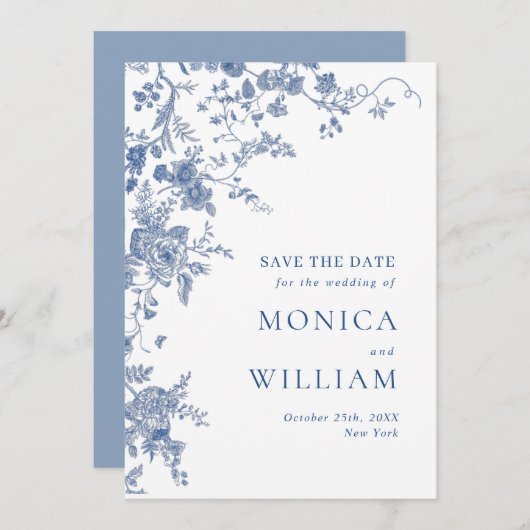 Elegante Viktorianisch Blue French Floral Wedding Save The Date (Vorne/Hinten)