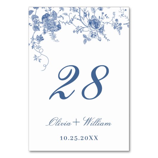 Elegante Viktorianisch Blue French Floral Wedding Tischnummer (Vorderseite)