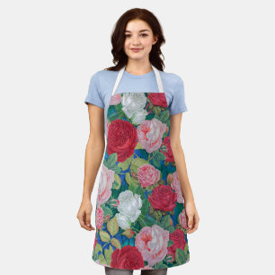 Elegante viktorianische Aquarell-Rosen in Rot und Schürze