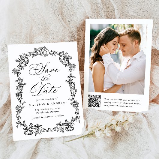 Elegante viktorianische Blumen-QR-Code-Hochzeit Save The Date
