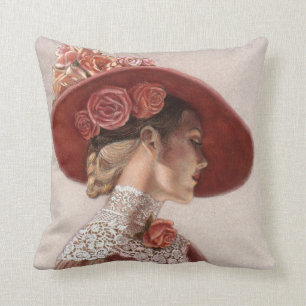 Elegante viktorianische Dame Art Blumenrosen Hut K Kissen