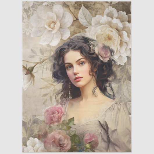 Elegante Viktorianische Era Lady White & Pink Flor Seidenpapier (Vorderseite)