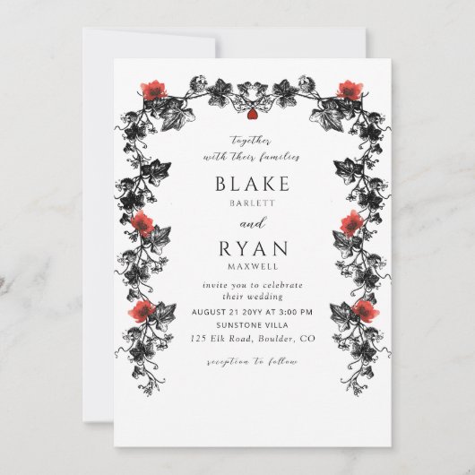 Elegante Viktorianische Hochzeit in Schwarz und Ro Einladung (Vorderseite)
