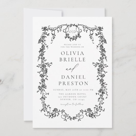 Elegante Viktorianische Hochzeit in Schwarz und We Einladung (Vorderseite)