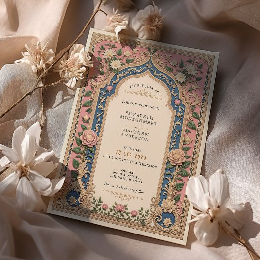 Elegante Viktorianische Hochzeitsrosa & Blue Flora Einladung