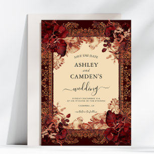 Elegante viktorianische rote Goldhochzeit Save The Date
