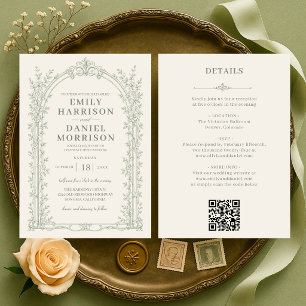 Elegante viktorianische Sage-Grün-QR-Code-Hochzeit Einladung