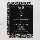 Elegante Viktorianische Schwarz-Weiß-Blumenhochzei Einladung (Vorne/Hinten)