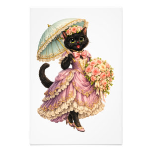 Elegante viktorianische schwarze Katze im lila Kle Fotodruck
