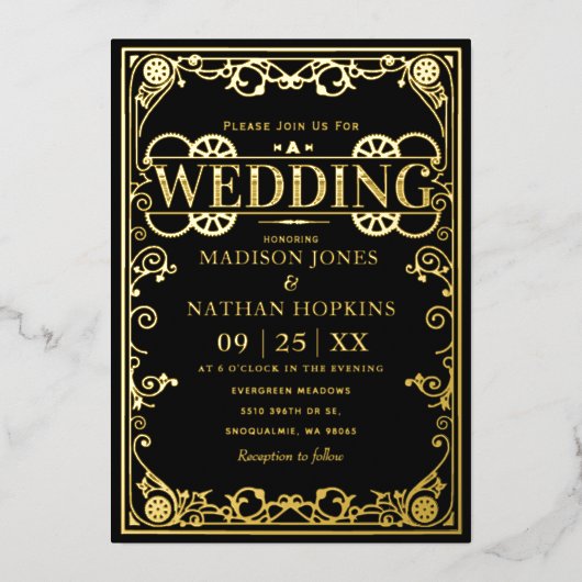 Elegante Viktorianische Steampunk-Hochzeit Folieneinladung (Vorderseite)