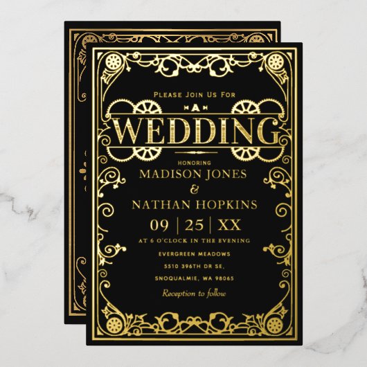 Elegante Viktorianische Steampunk-Hochzeit Folieneinladung (Vorderseite/Rückseite)