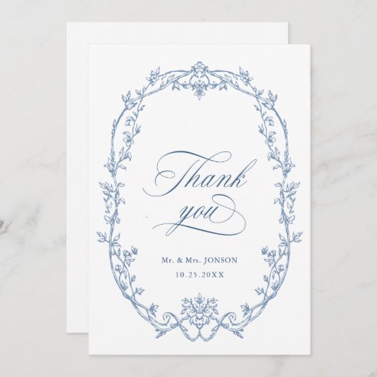 Elegante Viktorianische Verzierte Blumendusty Blue Dankeskarte (Vorne/Hinten)