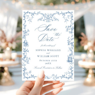Elegante Viktorianische Verzierte Blumendusty Blue Save The Date