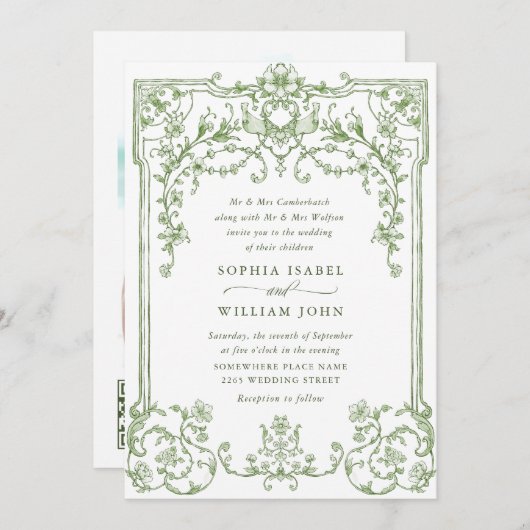 Elegante Viktorianische Verzierte Blumenfeier Grün Einladung (Vorne/Hinten)