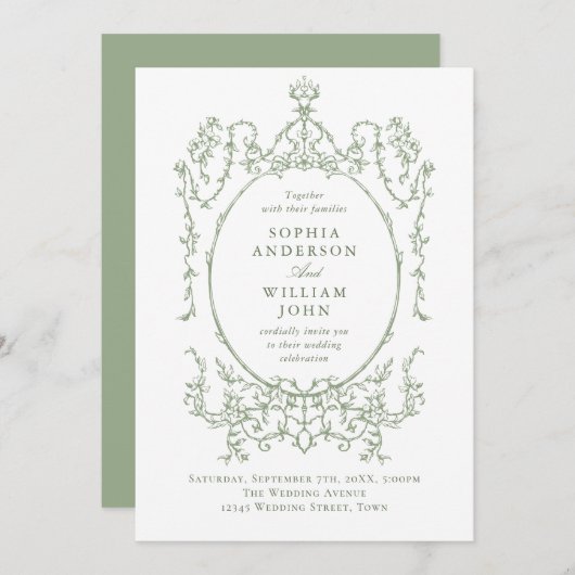 Elegante Viktorianische Verzierte Blumenfeier Grün Einladung (Vorne/Hinten)