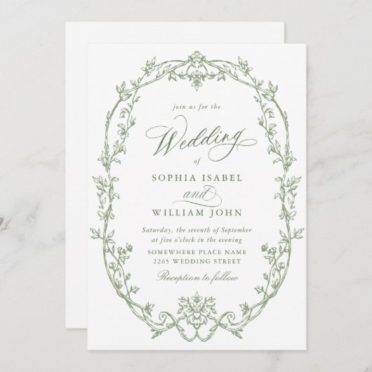 Elegante Viktorianische Verzierte Blumenfeier Grün Einladung (Vorne/Hinten)