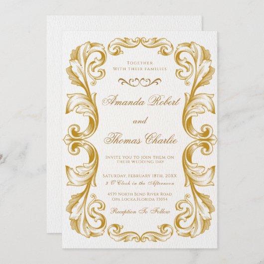 Elegante Viktorianische White and Gold Hochzeit Einladung (Vorne/Hinten)