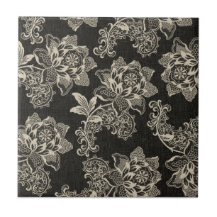 Elegante Vintag Black and Cream Florals und Damask Fliese