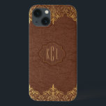 Elegante Vintag-braune Ledergoldakzente iPhone 13 Hülle<br><div class="desc">Elegante Vintage Brauntöne Imitat Leder mit goldenen Farbtönen Blumen Spitzen Akzente. Individuell anpassbare Monogramme sind optional.</div>