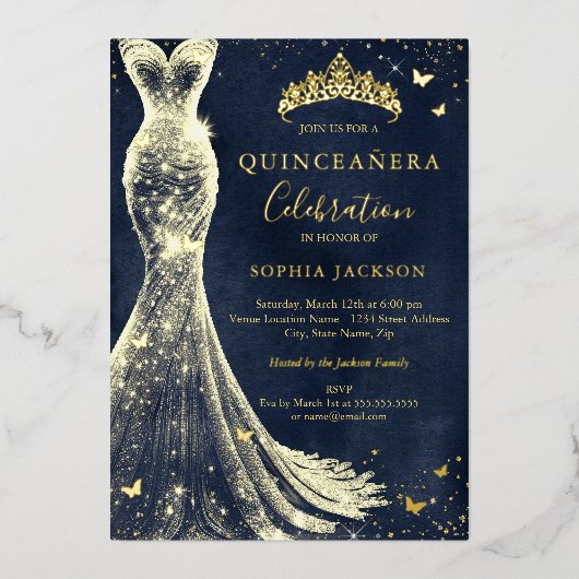 Elegante Vintag Butterfly Navy Gold Quinceanera Folieneinladung (Vorderseite)
