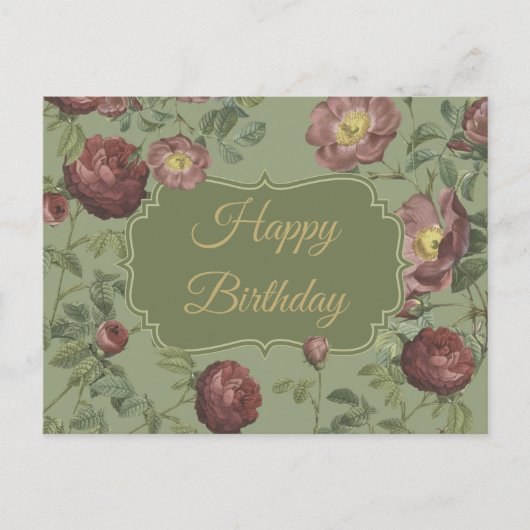 Elegante Vintag Garden Rose Happy Birthday Postkarte (Vorderseite)