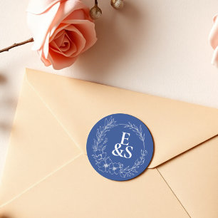 Elegante Vintag Romance Blue Monogram Wedding Runder Aufkleber