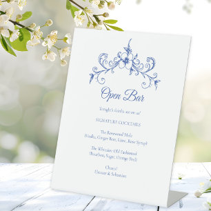 Elegante Vintag Romance Blue Wedding Open Bar Sockelschild