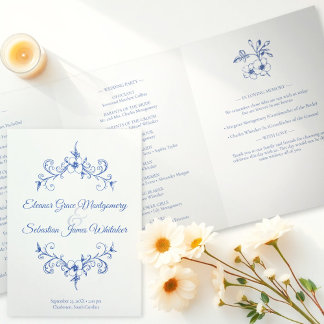 Elegante Vintag Romance Dusty Blue Floral Wedding Dreifach-gefaltete Programmkarte