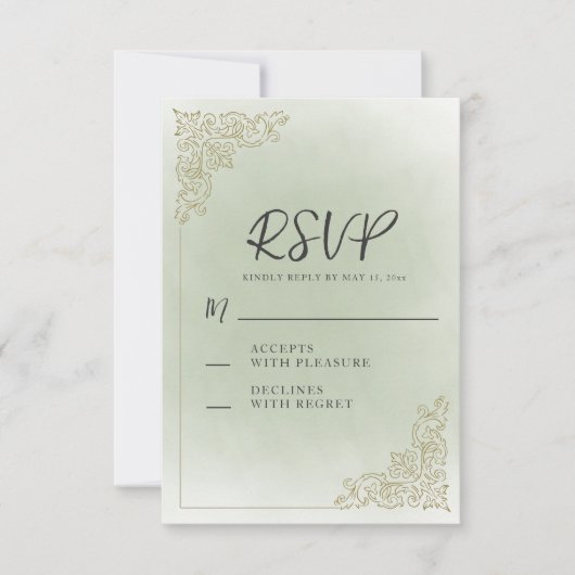 Elegante Vintag Sage Green Gold Hochzeit RSVP Karte (Vorderseite)