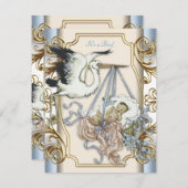 Elegante Vintag Stork Baby Boy Dusche Einladung (Vorne/Hinten)