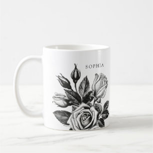 Elegante Vintag Tea Rose Schwarz und Weiß Kaffeetasse