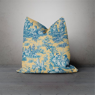 Elegante Vintage, aquamarin-gelbe Jouy-Toile Kissen