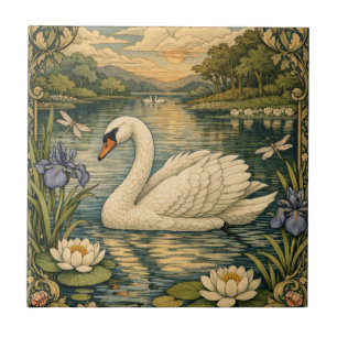 Elegante Vintage-Aquarellmalerei weißer Schwan Fliese