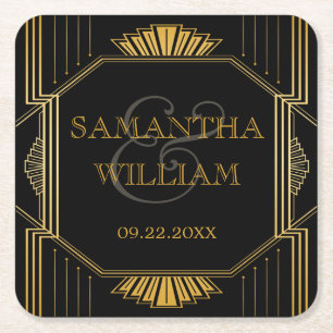 Elegante Vintage-Art Deco-Hochzeit in Schwarz und Rechteckiger Pappuntersetzer