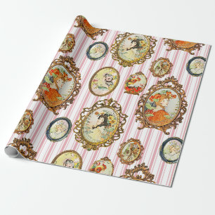 Elegante Vintage-Art-Nouveau-Mädchen-Blumen-Rahmen Geschenkpapier