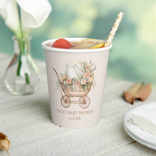 Elegante Vintage Baby Carriage Baby Shower Pappbecher (In Situ)