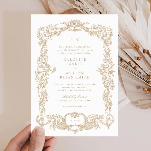 Elegante Vintage Barock-Goldrahmen-Hochzeit Einladung