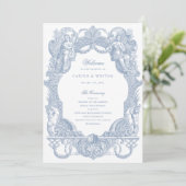 Elegante Vintage Barock Rahmen Blaue Hochzeit Programm (Stehend Vorderseite)