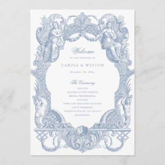 Elegante Vintage Barock Rahmen Blaue Hochzeit Programm (Vorderseite)