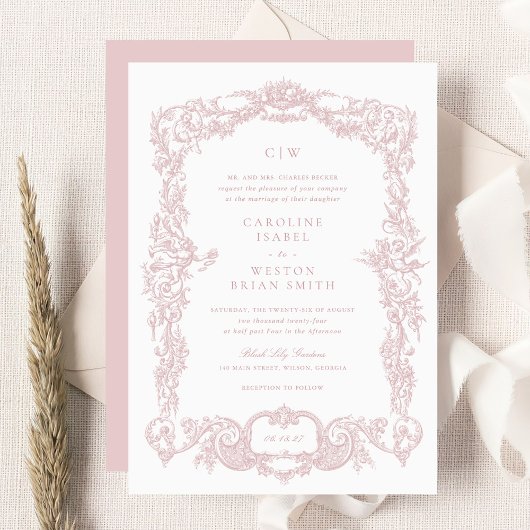 Elegante Vintage-Barock-Rosé-Hochzeitsrahmen Einladung