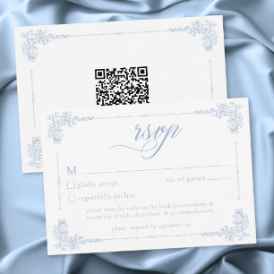 Elegante Vintage-Barock-Staubblaue Hochzeits-QR RSVP Karte