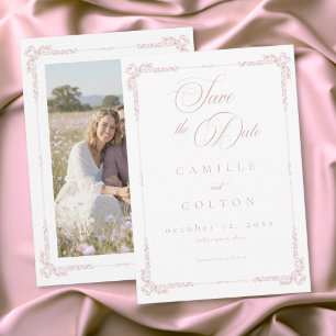 Elegante Vintage-Barock-Staubrosa-Hochzeitsfoto Save The Date