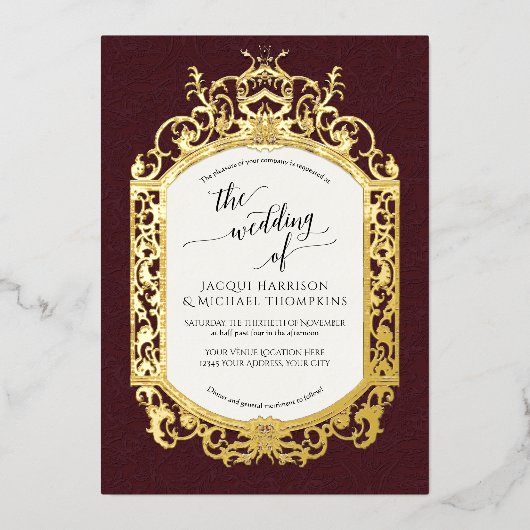 Elegante Vintage Barockbahn Burgund Folieneinladung (Vorderseite)